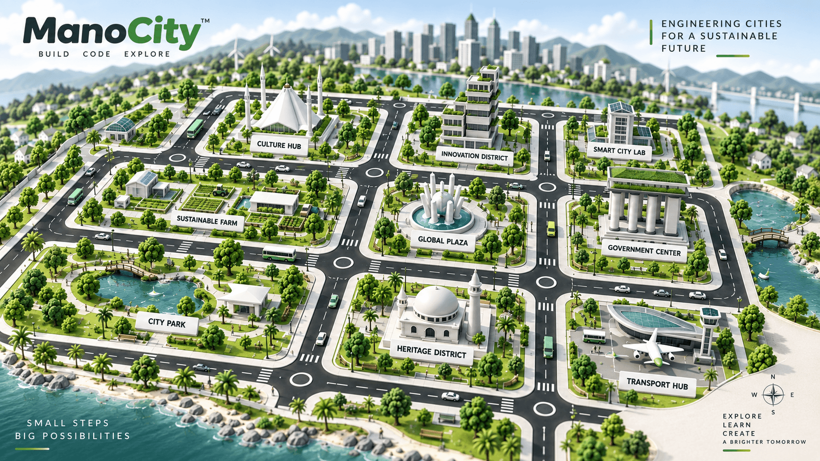 A green ManoCity with connected districts, sustainable transport, parks and engineering facilities
