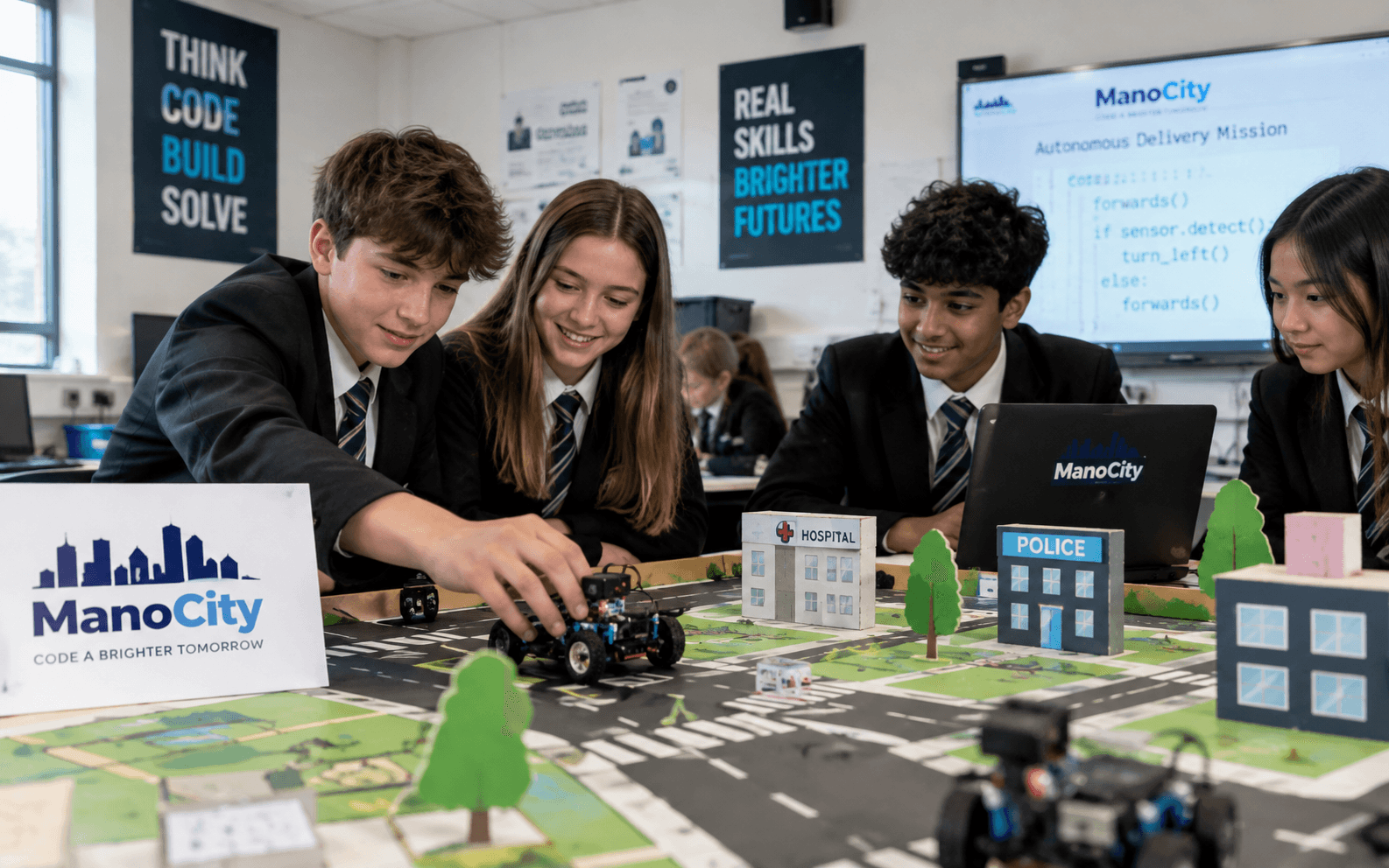 Students testing a ManoBot on a physical city map in a classroom