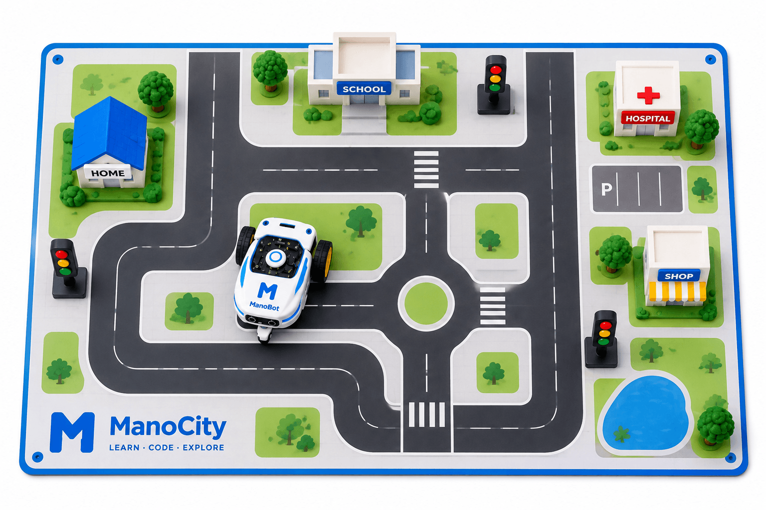 Physical ManoCity map with ManoBot, roads and landmarks