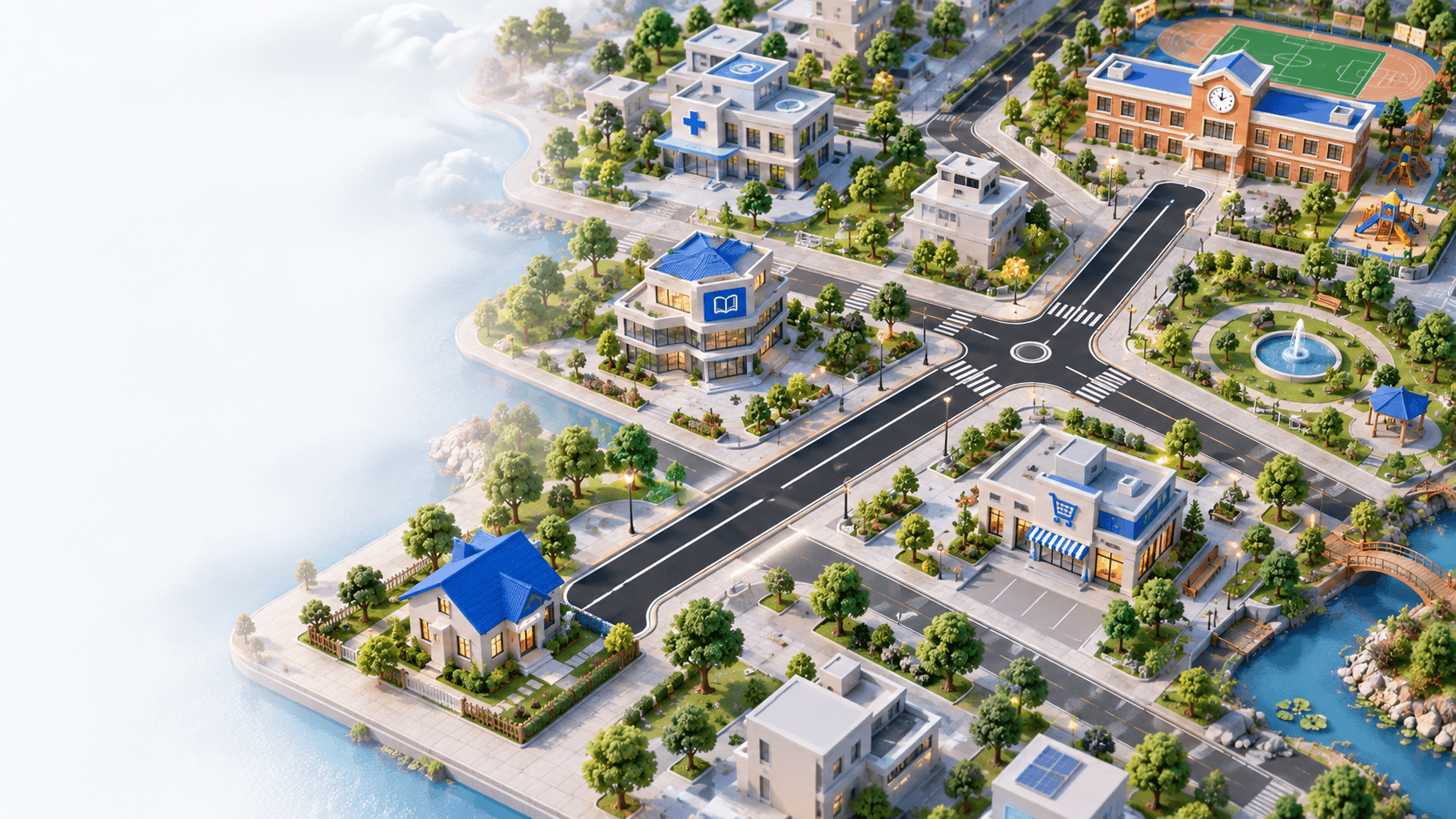 A ManoCity simulator route map with roads, buildings and green spaces